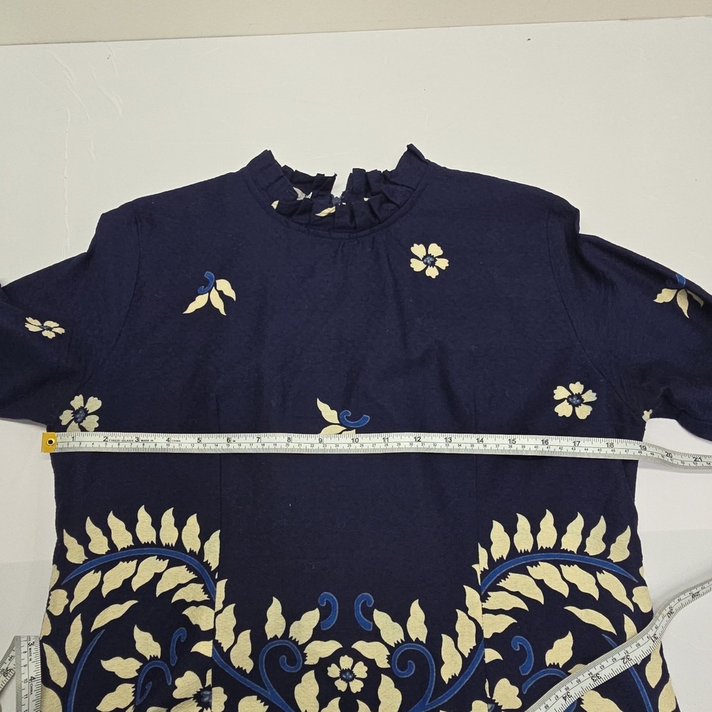 Bali Lestari Navy Blue Batik Floral Bird Print Bell Sleeve Mini Dress Large - Picture 4 of 8